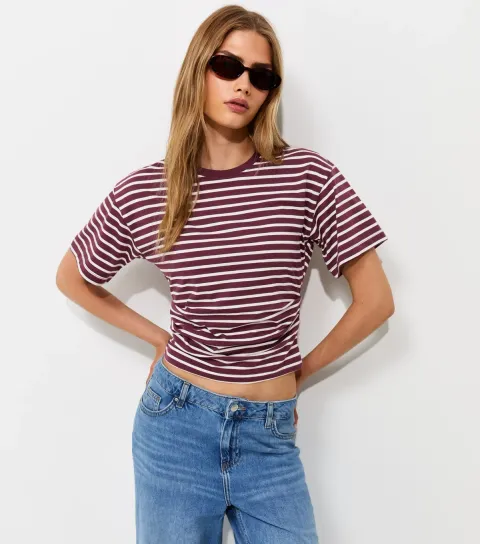 Women's Red Striped Ruched Waist Crew Neck T-Shirt