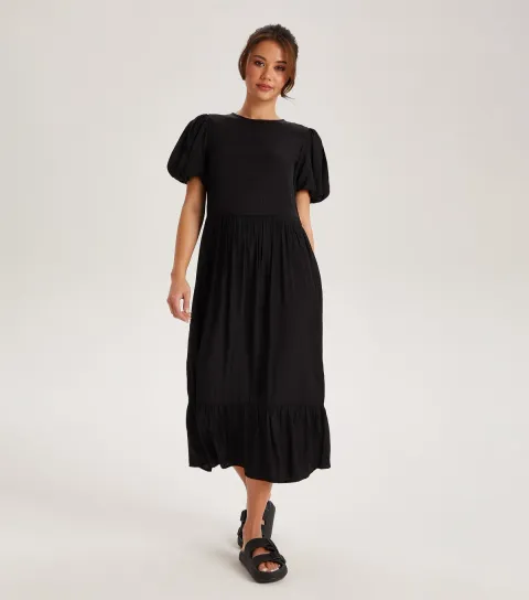 Women's Black Puff Sleeve Tiered Skirt Midi Dress