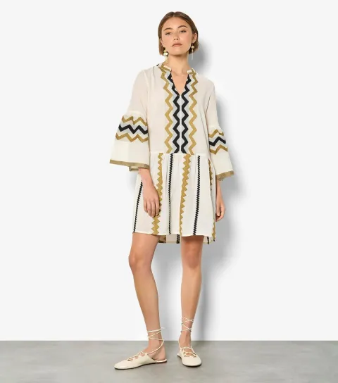 Women's Stone Zigzag Pattern Bell Sleeve Mini Dress