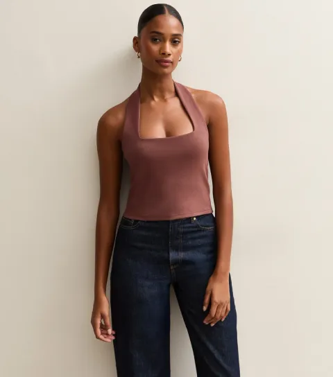 Women's Dark Brown Soft Touch Ponte Halter Top