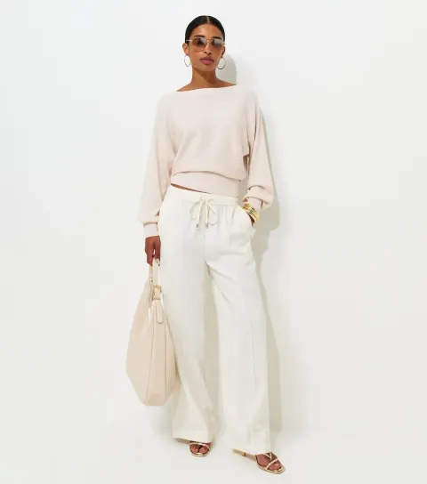 Women's Cream Lightweight Ribbed Knit Slash Neck Batwing Jumper