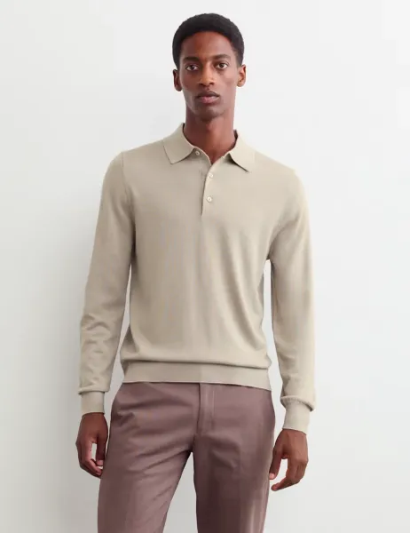 Jaeger Merino Wool Rich with Silk Polo Shirt Neutral