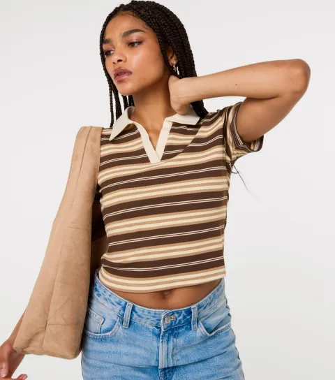 Women's Brown Striped Rugby Short Sleeve Top