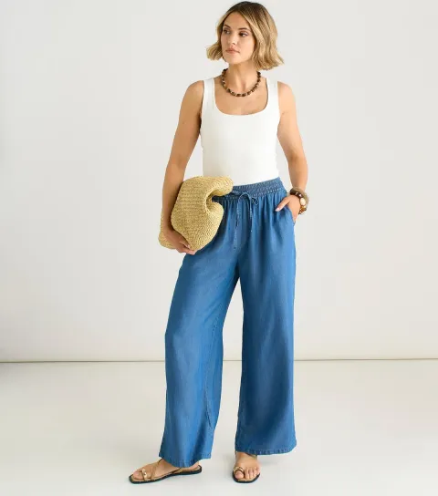 Women's Blue Drawstring Waist Wide Leg Trousers