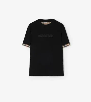 Check Trim Cotton T-shirt in Black