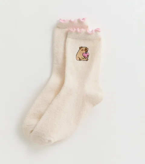 Cream Embroidered Capybara Cosy Ankle Socks