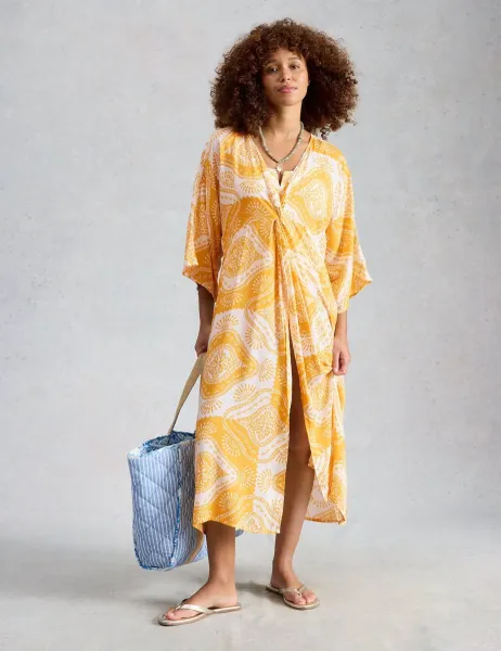 White Stuff Printed Kimono Beach Dress Yellow Mix