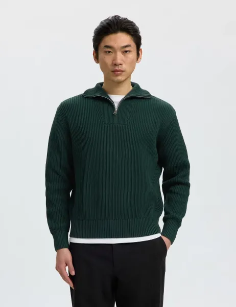 Selected Pure Cotton Ribbed Half Zip Jumper Dark Green