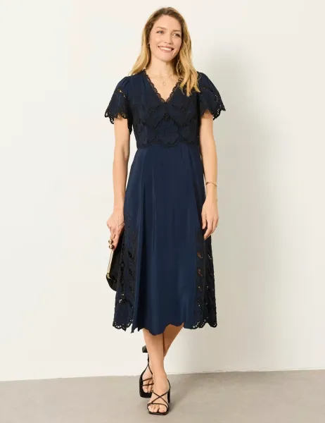 Lace Embellished V-Neck Midi Waisted Dress Navy
