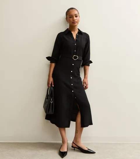 Women's Petite Black Long Sleeve Midi Belted Shirt Dress