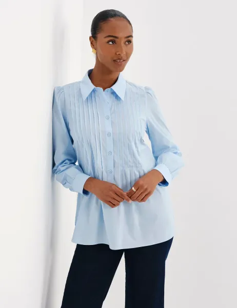 Finery London Cotton Rich Collared Pintuck Shirt Blue