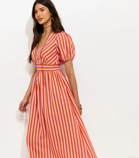Women's Pink Striped V-Neck Midi Dress