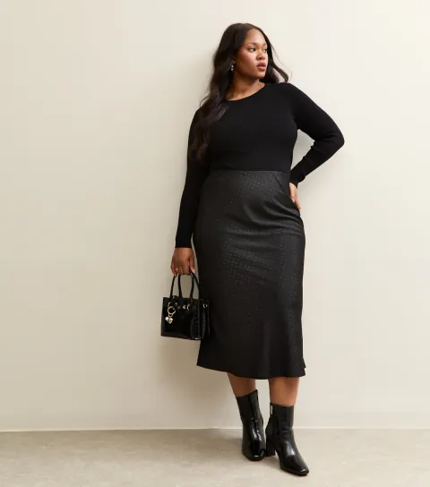 Women's Plus Size Black Satin Bias Cut Spot Midi Skirt Curves