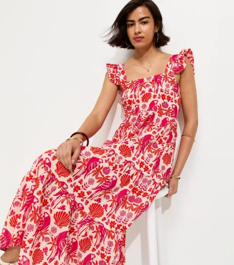 Women's Pink Parrot Patterned Ruffle Strap Midi Dress