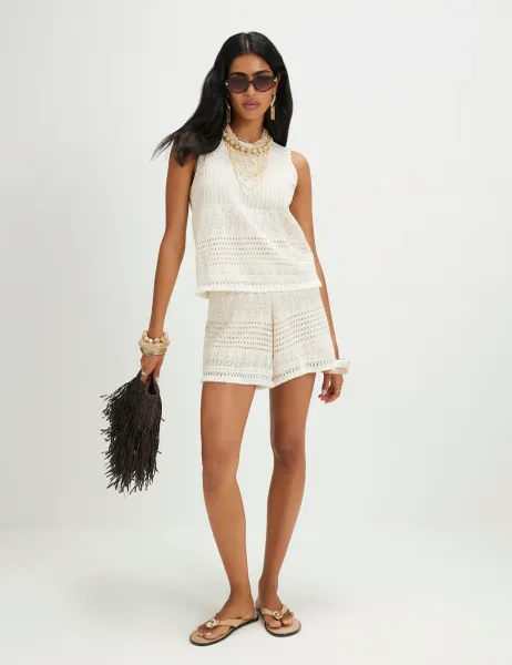 River Island Crochet Fringe Detail Shorts Cream