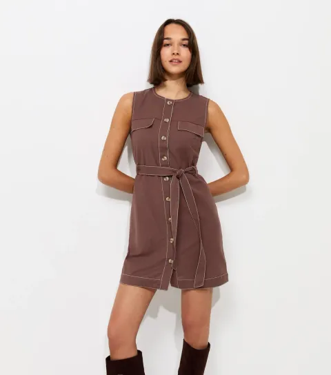 Women's Dark Brown Cotton Rich Contrast Stitch Button Through Mini Dress