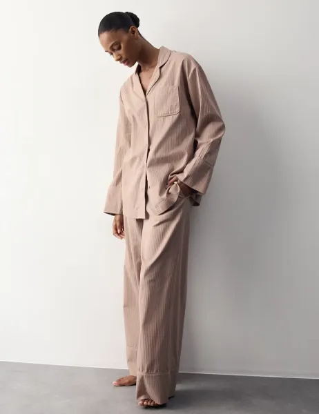 Autograph Pure Cotton Striped Revere Pyjama Set Mushroom