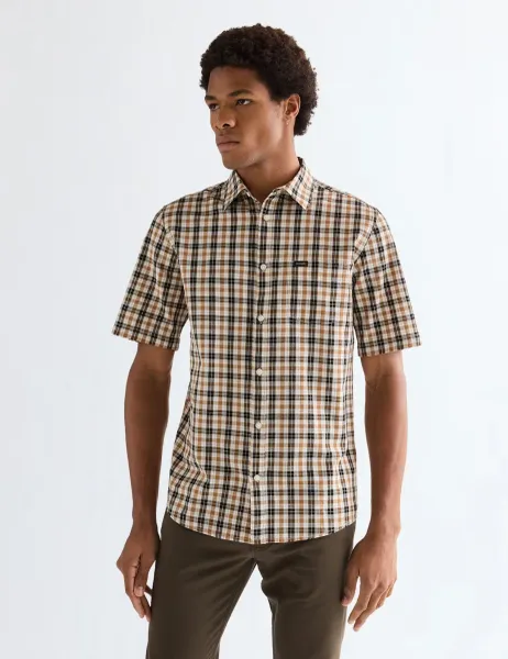 Wrangler Regular Fit Pure Cotton Short Sleeve Shirt Brown Mix