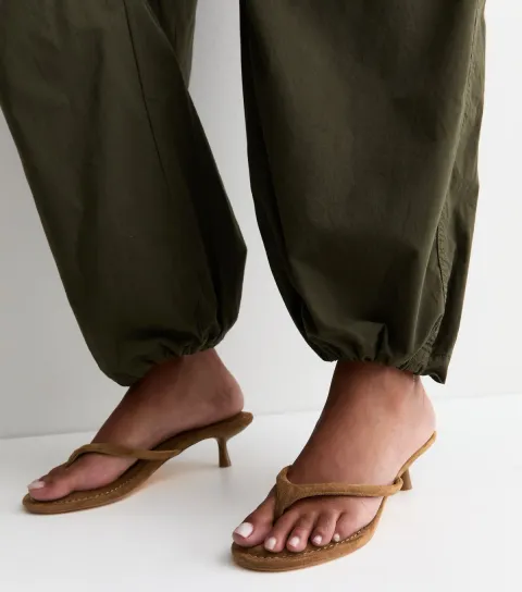 Women's Tan Faux Suede Toe Post Kitten Heel Mules