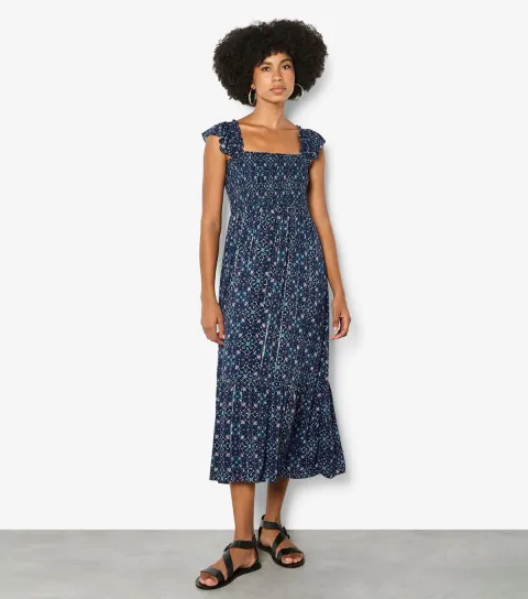Women's Blue Floral Ruffled Strap Midi Dress