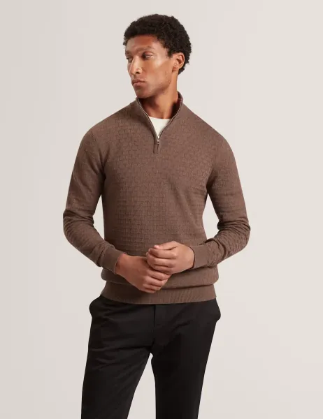 Ted Baker Wool Blend Textured Half Zip Jumper Brown
