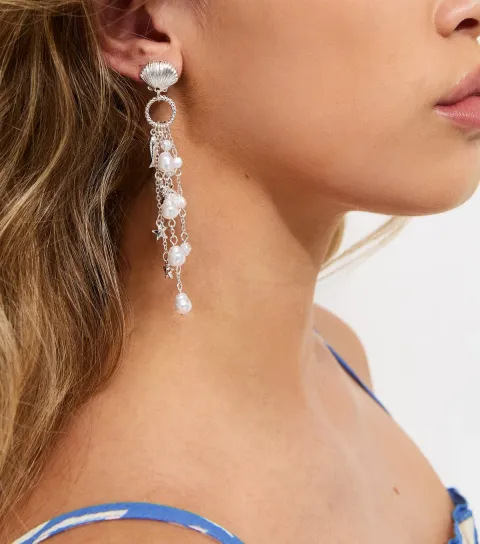 Silver Tone Shell Charm Faux Pearl Drop Earrings