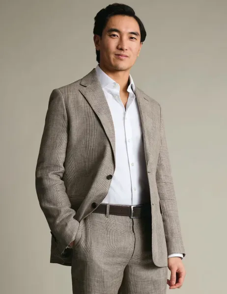 Charles Tyrwhitt Slim Fit Pure Linen Check Suit Jacket Brown Mix