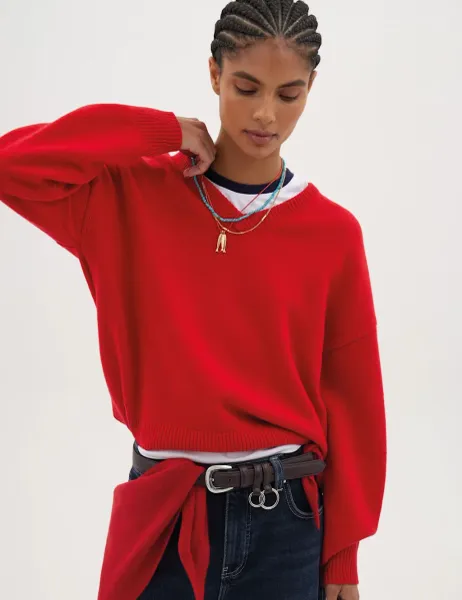 HUSH Relaxed V Neck Long Sleeve Jumper With Wool Red