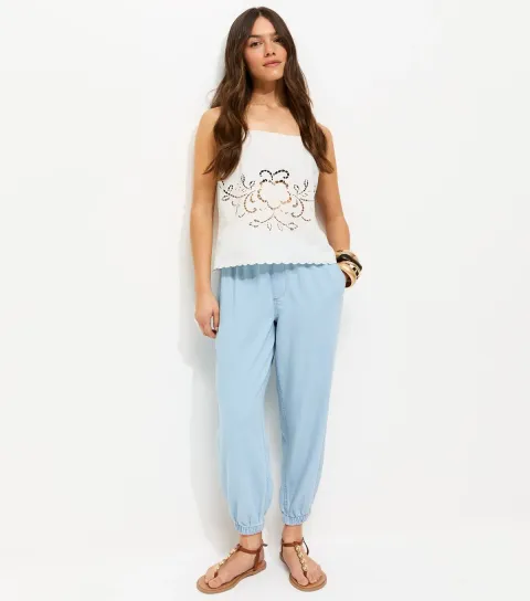Women's Petite Light Blue Cuffed Ankle Denim Cargo Trousers