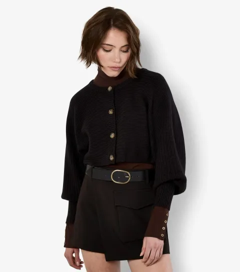 Women's Black Ribbed Batwing Sleeve Cropped Cardigan