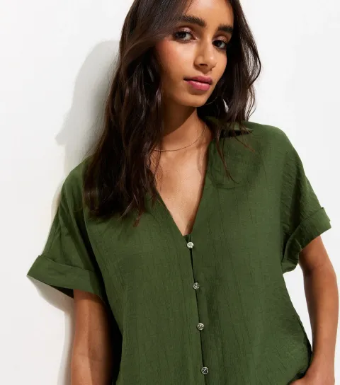 Women's Dark Khaki Crinkled Short Sleeve Shirt