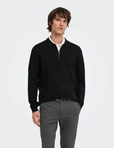 Only & Sons Polo Neck Half Zip Jumper Black