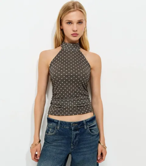 Women's Brown Mesh Polka Dot High Neck Halter Top