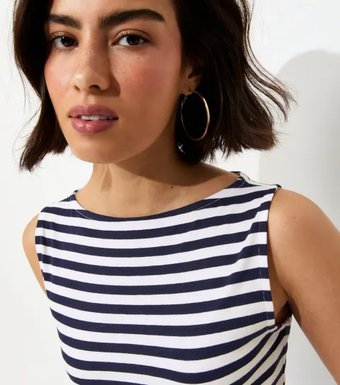 Women's Blue Striped Cotton Rich Slash Neck Vest