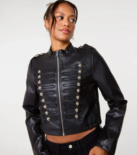 Pink Vanilla Women's Black Faux Leather Military Crop Jacket