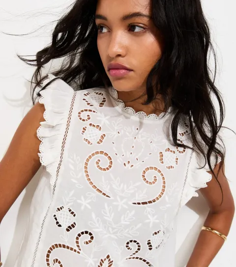 Women's Off White Cotton Broderie Anglaise Ruffled Top