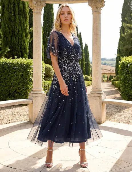 Roman Embellished V Neck Angel Sleeve Midi Dress Navy