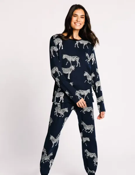 Chelsea Peers Zebra Print Crew Neck Pyjama Set Navy Mix