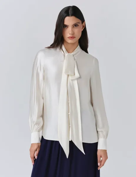 Satin Tie Neck Button Through Blouson Sleeve Blouse Ivory