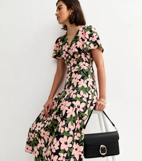 Women's Green Floral Print Tiered Midi Tea Dress