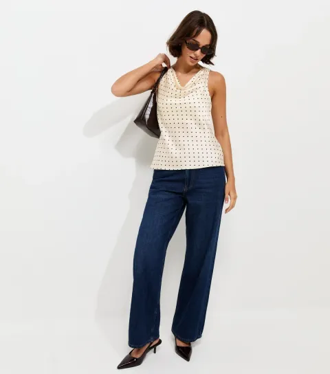 Women's White Satin Polka Dot Cowl Neck Top
