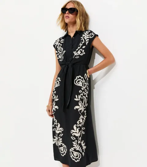 Women's Black Folk Paisley Shirt Midi Dress