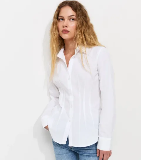 Women's Off White Cotton Poplin Corset Waist Plain Shirt