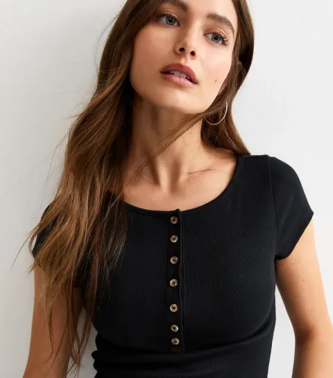 Women's Black Ribbed Jersey Button Placket Top