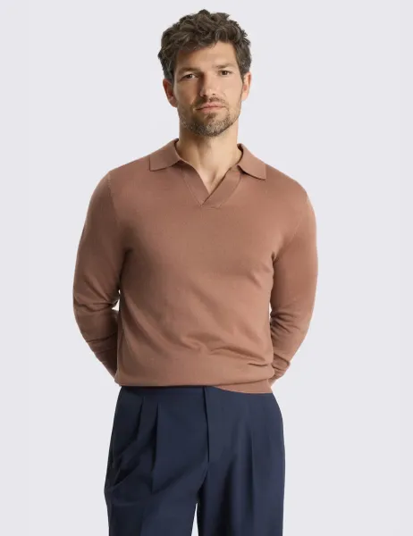Moss Merino Wool Rich Knitted Polo Shirt Pink