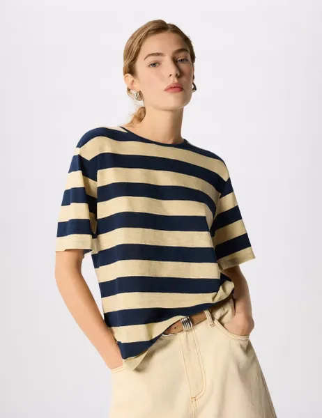 Whistles Pure Cotton Striped T-Shirt Navy Mix