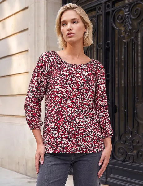 Roman Floral Collared Fitted Top Red Mix
