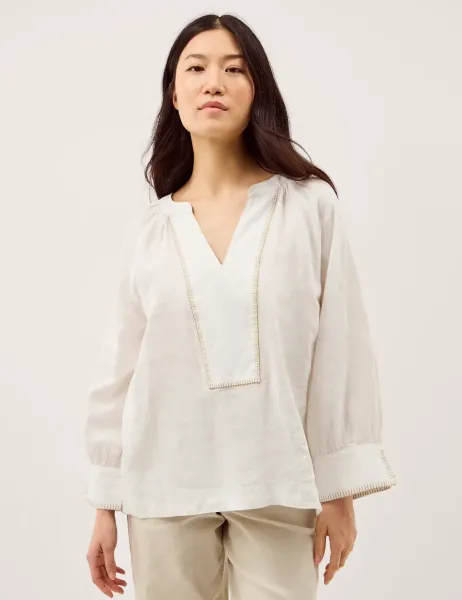 Monsoon Pure Linen V-Neck Blouse White