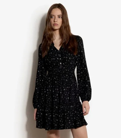 Apricot Women's Black Ditsy Print Long Sleeve Smock Mini Dress