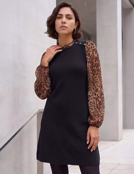 Roman Animal Print Knitted Frill Detail Knee Length Dress Tan